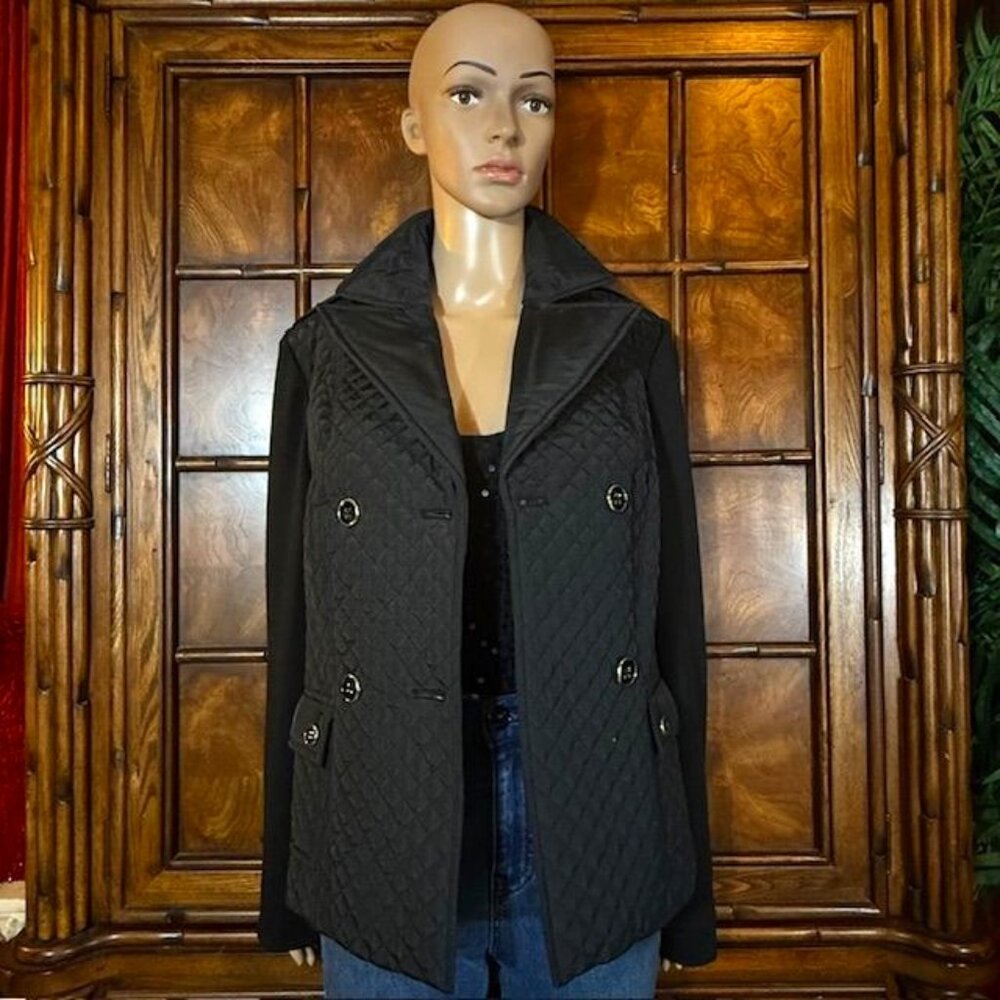 Jones New York Mixed Media Diamond Quilted Jersey Back Double-Breasted Jacket